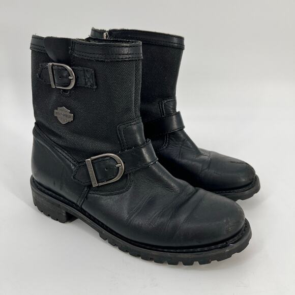 Vtg Harley Davidson Engineer Boots Womens 10 Black Leather Motorcycle Buckle - Picture 1 of 11